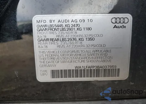 2011 Audi Q5 Premium Plus from USA, damaged, VIN WA1LFAFP3BA037959